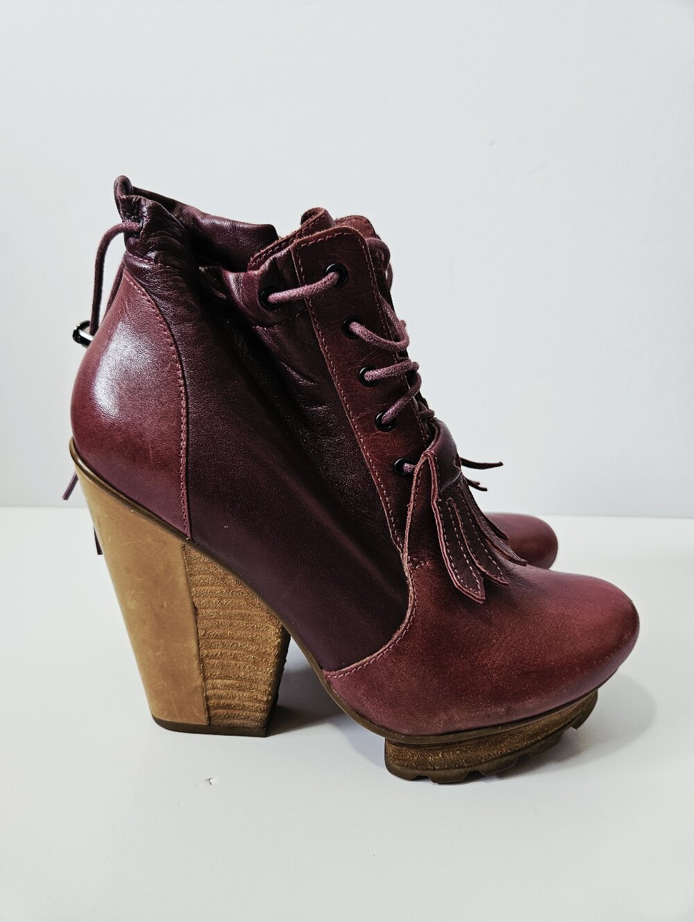 Tsubo Timo Weiland Heeled Lace Up Stacked Leather Boots Size 6.5 Burgundy